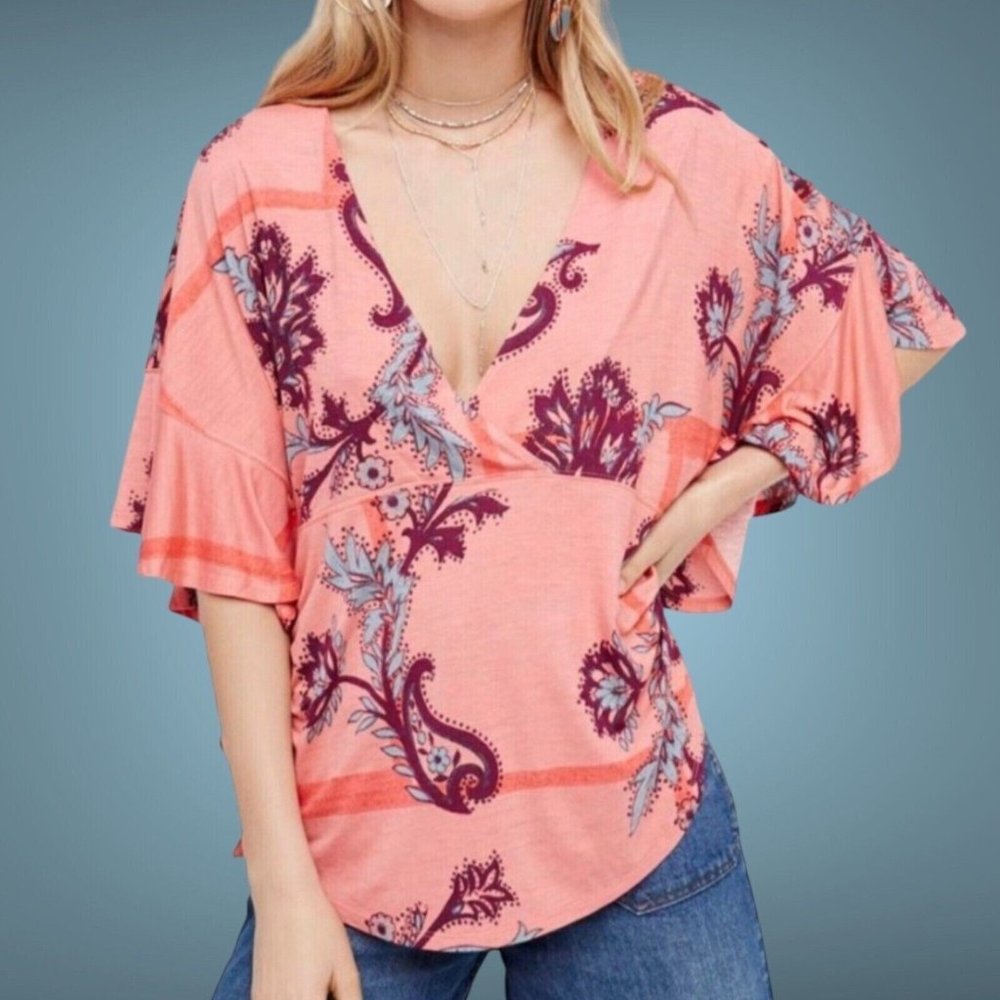 Free People Women Maui Wowie Blouse Tops Size XS Oversize Floral Flutter Sleeves